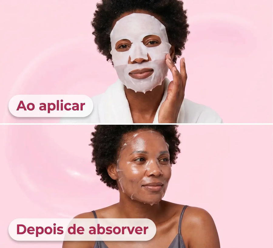 Máscara Bio Glass em duas etapas: ao aplicar sobre o rosto e depois de absorver, com a pele visivelmente hidratada