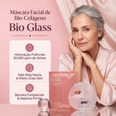 Bio Glass, máscara facial de bio-colágeno: embalagem e mulher aplicando o produto, com destaque para hidratação profunda com 50.000 ppm de ativos, pele mais macia com efeito glass skin e barreira da pele fortalecida