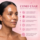 Como usar a máscara facial de bio-colágeno Bio Glass em 5 passos: limpar e tonificar a pele, aplicar as duas partes, pressionar para remover bolhas de ar, deixar agir de 1 a 4 horas e retirar massageando o sérum